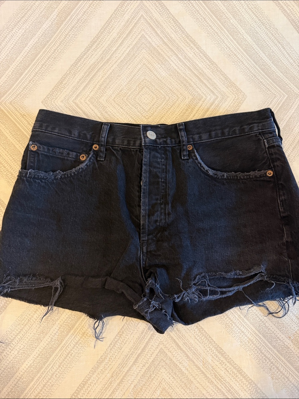 AGOLDE Black Distressed Ripped Button Fly Cutoff Jean Shorts Size 28